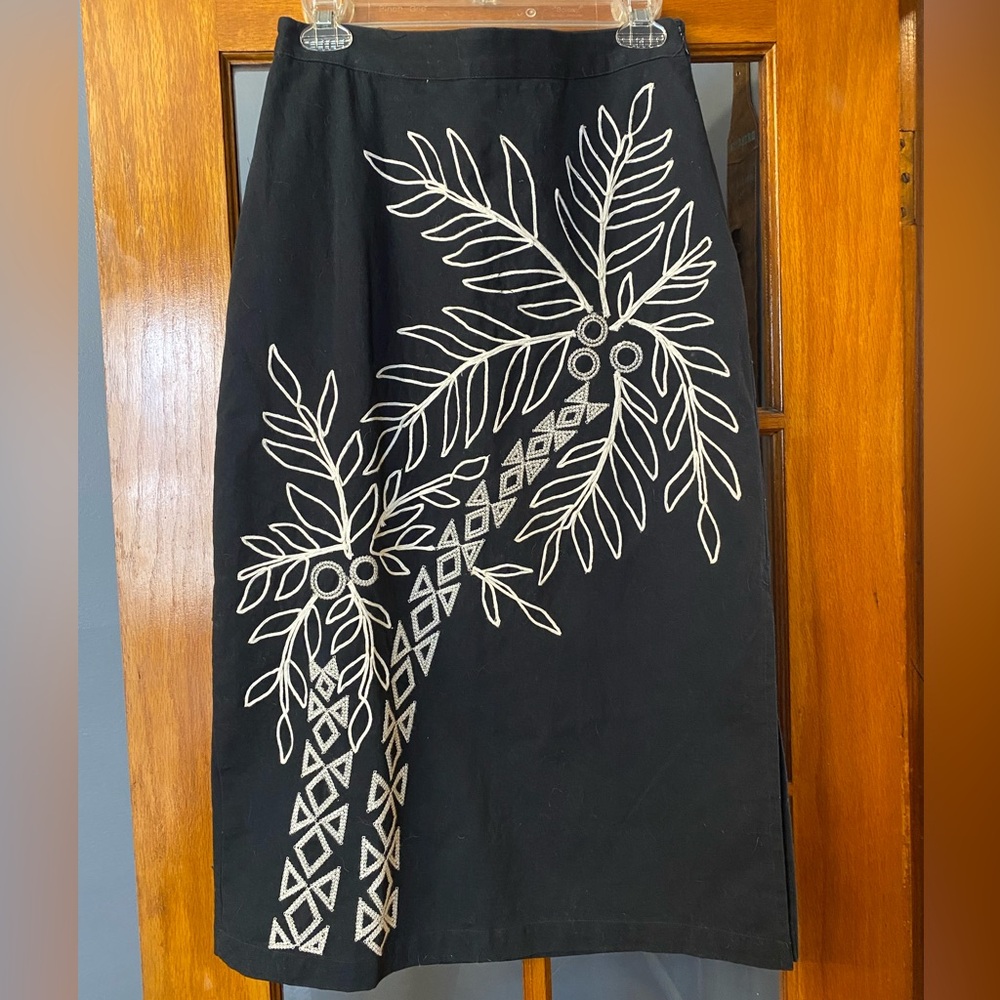 SOLD - Anthropologie Maeve Black Pencil Skirt with Palm Tree Embroidery
